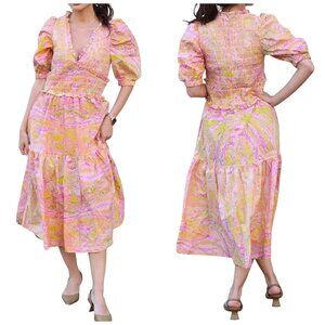 Jessie Zhao Astrid Marble Smocked Midi Dress Pink Yellow Size 2 NWT Cotton